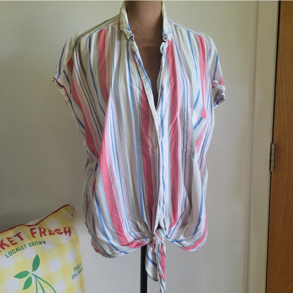 Old Navy Womens XL Tie Front Stripe Button Down Shirt Short Sleeve Multi Color